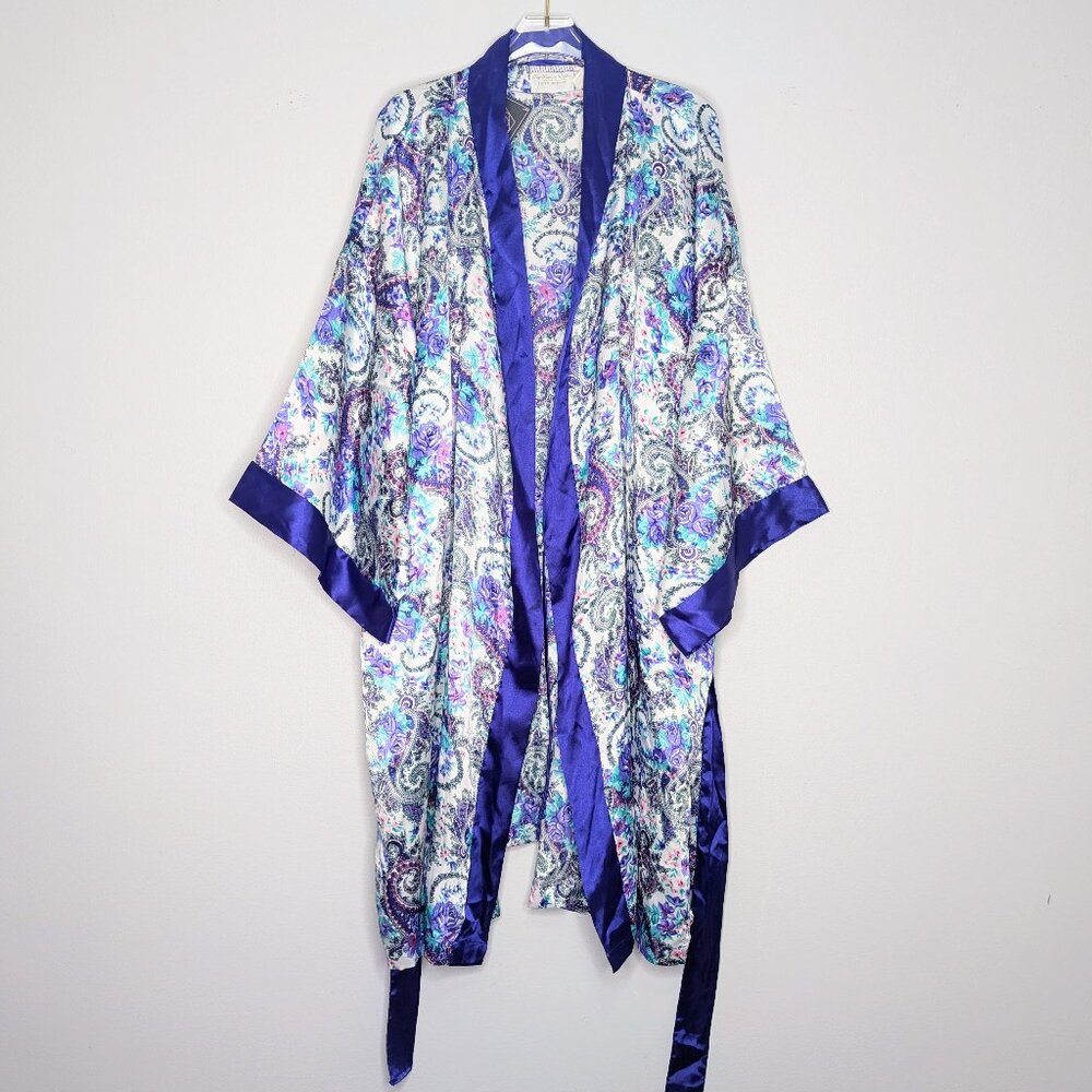 Vintage 80's Purple Floral Paisley Long Sleeve Tie Waist Robe Satin Pockets
